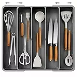 Kitsure Erweiterbarer Besteckkasten für Schubladen – Großer Besteck Schubladeneinsatz mit 5 Fächern, Wohnungs Zubehör für Küche und Ordnung, Grau, 34,6 x 3,6 x 28,0~50,5 cm