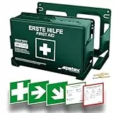 PETEX Betriebsverbandkasten Standard mit Inhalt nach neuer DIN 13157 inkl. praktischer Wandhalterung, 5x Aufkleber, Erste-Hilfe-Koffer, Verbandkasten in grün für Betrieb, Büro, Baustellen