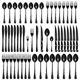 Velaze Besteck Set Schwarz 8 Personen, 48 teilig Besteckset mit Steakmesser, Glänzendes Essbesteck Set mit Messer Gabel Löffel, Besteck aus Edelstahl für Haus Restaurant, Spülmaschinenfest