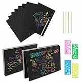 Relota 50 Stück Kratzbilder für Kinder, Blätter Regenbogen Kratzpapier mit 5 Holzstifte, 4 Malschablonen, Malbuch Magic Scratch Book, Kratzbild Set zum Zeichnen und Basteln für Jungen Mädchen DIY
