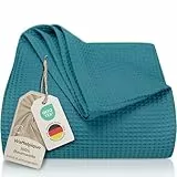 LAYNENBURG Premium Tagesdecke 150 x 200 cm - Waffelpique 100% Baumwolle - leichte Sommerdecke Waffeloptik - Baumwolldecke als Bett-Überwurf, Sofa-Überwurf, Couch-Überwurf - Sofa-Decke (Petrol)