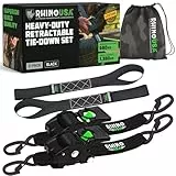 Rhino USA Selbstaufrollende Spanngurte (2er-Pack) - 5cm x 3m (1,360kg Bruchfestigkeit) - Hochleistungs-Automatik-Spanngurte für LKW, Anhänger, Motorrad, Fahrrad & Mehr - Schwarz