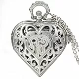 JewelryWe Vintage Taschenuhr Damen Herz Kettenuhr Analog Quarz Uhr mit Halskette Umhängeuhr Pocket Watch, Silber