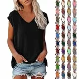 Generisch Damen T-Shirt V-Ausschnitt Sommer Kurzarm Top Bluse aus Baumwolle Oversize Schnitt Leichte Musselin Blusen für Freizeit & Sport Bequeme Damenmode Tops