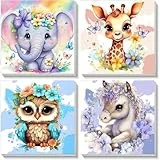 Pujeknm 4 Stück Tiere Malen Nach Zahlen ab 5 6 7 Jahre Mädchen mit Rahmen, Elefant Eule Giraffe Zebra Malen Nach Zahlen für Kinder Acrylfarben mit als Geschenk, Mittel 20x20 cm (Süßes Tiere)