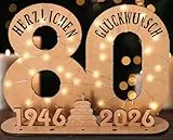 Giftota - 2026 Originelle 80 Geburtstag Geschenk Frauen & Männer - Geldgeschenke Geburtstag 80 mit LED Lichterkette Ständer - Holz-Schild Gästebuch - 80 Geburtstag Deko - Personalisierbares Geschenk