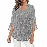 UHouse Bluse Damen Glitzer Oberteile Silvester Outfit Pailletten Blusenrock Tunika Festliche Blusen Zur Hochzeit Party Oberteil Karneval Langarmshirt Damenblusen Glitzeroberteil Silber XL