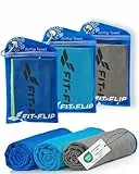 Fit-Flip Kühltuch 3er Set – kühlendes Handtuch Fitness und Sport – mikrofaser kühlhandtuch – Airflip kühltücher – cool Ice Towel (dunkelblau-grün/grau-blau/blau-dunkelblau, 100x30cm)