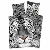 Klaus Herding GmbH Bettwäsche Set weißer Tiger 135 x 200 cm 80 x 80 cm 100% Baumwolle