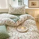 Covebett Bettwäsche Baumwolle 135x200 Bunt Blümchen Grün Blumen Klein Geblümt Muster Bettbezug Set Aesthetic Botanisch Blumenwiese Blumenmuster Deckenbezug Reißverschluss und Kissenbezug 80x80cm