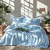 Lanqinglv Bettwäsche Set 135x200cm 2 Teilig Blau Satin Seide Seidig Luxus Bettbezug mit Reißverschluss und Kissenbezug 80x80cm