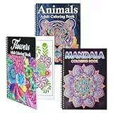 Pobuu 3 Pack Malbuch für Erwachsene,Anti-Stress Ausmalbuch für Erwachsene,60 Mandalas,Tier und Blumen,Achtsamkeit & Stressabbau für Entspannung für Frauen