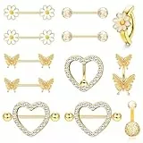 Kakonia 14G Nippelpiercing und Bauchnabelpiercing Set für Frauen Mädchen Chirurgenstahl Nippelringe Herz Schmetterling Blume Brustwarzenpiercing Niedlicher Nippelring Körper Piercing Schmuck