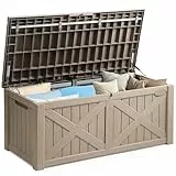 YITAHOME Große Aufbewahrungsbank 450 Liter mit X-Front, Wetterfeste Outdoor-Sitzbank, Resin Gartenbox für Terrassenkissen, Poolzubehör, Gartengeräte - Abschließbar, Hellbraun