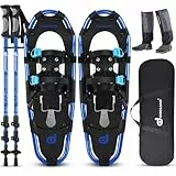 Odoland Schneeschuhe mit Steighilfe Allround 4 IN 1 für Damen und Herren mit Wanderstöcken, Wasserdichten Gamaschen und Tragetasche, ab Schuhgröße 30 INCH Blau