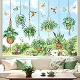 decalmile Fensterbilder Frühling Topfpflanze Grüne Fensteraufkleber Hängende Pflanzen Fenster Abziehbilder Sommer Blätter Vögel Anti-Kollision Fenstersticker Glas Fensterdeko Aufkleber