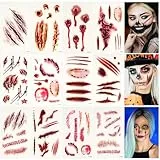 Narben Tattoo Halloween 12 Blatt Gesichtstattoo Narben Halloween Wunden Wasserdicht Schminke 3D Temporäre Tattoos Aufkleber Deko mit Scab Gefälschten Kunstblut Kratzern für Karneval Kinder