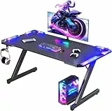 JUMMICO Gaming Tisch mit LED-Beleuchtung, RGB Gaming Tisch, Stabiler Computertisch für Homeoffice und Gamer,Gaming Schreibtisch mit Kopfhörerhalterung und Getränkehalter, 120 x 60 cm, Schwarz