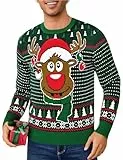 Leversic Hässliche Weihnachtspullover Herren Ugly Christmas Sweater Rentier Schneeflocken Lustige Weihnachtspulli Warme Strickpulli für Männer, Grün, XXL