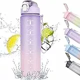 CodiCile Trinkflasche 1L,Trinkflasche mit Strohhalm und Zeitmarkierung, auslaufsichere 1L Wasserflasche mit Deckel, BPA-freie Trinkflasche sport für Sport, Büro, Fahrrad, Laufen(lila Farbverlauf)