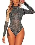 MAYFASEY Damen Schillernde Strass Nieten Mock Neck Bodysuit Sexy Jumpsuits Mesh Top, Schwarz, XL