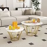 Soayone Couchtisch 2er Set,Couchtisch Rund,Wohnzimmertisch mit Goldener geometrischer Basis,Sofatisch Marmor Optik,Coffee Table Living Room