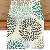 Grau Grün Dahlien Sommer Tischläufer, Waschbar Blumen Tischband, Frühling Sommer Herbst Küche Dekoration Drinnen Urlaub Party Tischdeko für Hochzeit, Geburtstag, Gartenparty, 40 x 180 cm