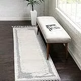 carpet city Teppich-Läufer Flur Boho-Stil Creme, Graublau - 80x300 cm - Abstrakt, Bordüren-Motiv - Relief-Optik, 3D-Effekt - Cut-&Loop, Sisal - Moderne Fransen-Teppiche Schlafzimmer