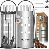 KESSER® Kaminzubehör 5-teiliges Kaminbesteck Set | Modern Design, beschichtet, Hochwertige Kamingarnitur aus 5 Teilen: Besen, Schaufel, Schürhaken, Zange, Ständer mit Sichtschutz Edelstahl Silber