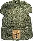 Baddery Beanie - „Hirsch“ - Strickmütze mit Leder-Patch für Herren & Damen - Warme Wintermütze (One Size - Grün)