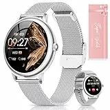 RUXINGX Smartwatch Damen, Kleine Runde Fitnessuhr mit Telefonfunktion 1,19’’ AMOLED Touchscreen 24h Pulsuhr SpO2 Menstruationszyklus, Schlaf Kalorien Schrittzähler, iOS Android Geschenk Frauen, Silber