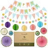 Meowoo Geburtstagsdeko, Macaron Geburtstag Party Deko - Happy Birthday Girlande, Wimpelkette, Wabenblumen, Papierfächer - Wiederverwendbare Deko Geburtstag für alle Männer und Frauen
