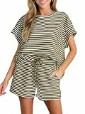 Tankaneo Damen Zweiteiler Kurzarm Lounge Set Sommer Outfits Gestreifte Lockere Pyjama Set Hausanzug Rundhalsausschnitt T Shirt mit Shorts