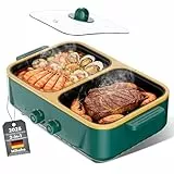 Elektrischer 2-in-1-Hotpot und BBQ Grill, 1000W zwei Temperaturstufen, schnelles Aufheizen – Kochgerät für den Innenbereich zum Grillen, Nudeln und mehr – geeignet für bis zu 4 Personen (Grün K)