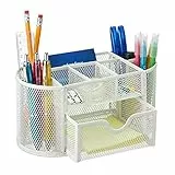 Relaxdays Stiftehalter, mit Schublade, Schreibtisch Organizer für Stifte, Metall Mesh, HBT ca. 10,5 x 22 x 11 cm, weiß