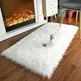 Faux Lammfell Schaffell Teppich 60 x 90 cm, Lammfellimitat Teppich Flauschiger Weicher Fell Teppiche Longhair Fell Lammfellimitat Carpet für Stühle Sofa Schlafzimmer Kinderzimmer (Weiß, Rechteckig)