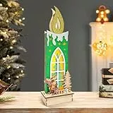 Bseical LED Weihnachtsdeko Holz,LED-Säule Weihnachten,Dekosäule,Kerzen,Lichterkette,Winterlandschaft Tisch Deko,Weihnachts-Silhouette Kerzen aus Holz mit Rentier und Baum (Grün)
