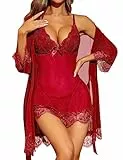 RSLOVE Sexy Dessous für Damen Spitzen-Babydoll mit Morgenmantel Nachtkleid Nachtwäsche Weinrot XL