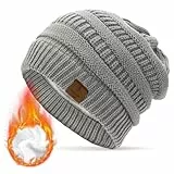 Durio Mütze Damen Winter Strickmütze Grobstrick Warme Beanie mit Innenfutter Hell Grau