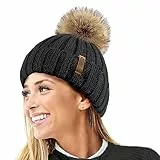 TOSKATOK® Womens Winter-Rib Strickmütze/Beanie mit abnehmbaren Chunky Faux Fur Bobble Pom Pom-Black