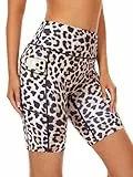 SIMIYA Laufhose Kurz Damen Radlerhose, Leggings Kurz mit Tasche High Waist Sporthose Kurz Damen Gym Shorts（Leopardenmuster,M）