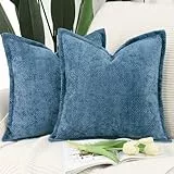 Madizz 2er Set Chenille Samt mit Rand Kissenbezüge Weiche Dekorativ Zierkissenbezüge Modern Kissenhülle für Sofa Wohnzimmer Schlafzimmer Dunkelblau 40x40 cm
