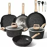 GMISUN Topf und Pfannenset,11-Teiliges Induktion Töpfe Set，Kochtopf Set Induktion，Pfannenset Mit Deckel, FüR Alle Herdarten, Pfoa/Pfos-Frei,Schwarz