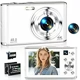 4K Digitalkamera 48MP Autofokus Fotokamera mit Dual Kamera, Kompaktkamera Fotoapparat mit 16X Digitalzoom, 2,8' großem Bildschirm, 32GB Karte & 2 Batterien für Kinder Teenager Anfänger-Weiß