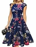 DRESSTELLS Cocktailkleid Damen Festliche Kleider 1950er Knielang Rockabilly Hochzeitkleid Abendkleid Kurz Swing Partykleid Vintage Petticoat Kleid Navy Flower L
