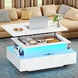 YITAHOME Couchtisch Höhenverstellbar, Wohnzimmertisch Hochglanz mit Hebeplatte,Couch Tisch Wohnzimmer mit 16-Farbiger LED Modern and 2 Schubladen