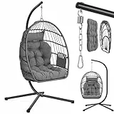 SONGMICS Hängesessel mit Gestell, Hängeschaukel Outdoor, Korbsessel, Korb klappbar und abnehmbar, Hängestuhl höhenverstellbar, Seitentasche, Kissen, Wohnzimmer Garten Balkon, grau GDC050GZ01