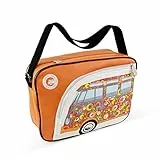 BRISA VW Collection - Große Unisex Volkswagen Schulter-Umhänge-Reise-Tasche-Freizeit-Bag mit T1 Bulli Bus Motiv (Kreise/Orange/37x25x10cm)