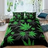 Homewish Marihuana Gras Blatt Bettgarnitur, Cannabis Blätter Bettwäsche Set Vibrant Green Print Bettbezug Gothic Nature Pflanzen Blatt Bettbezug-Set Schwarz Grau Marihuana Bettwäscheset 135x200