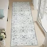TOPICK Läufer Flur Waschbar Küche Läufer Kurzflor Retro Grau Blume Orientalischer Teppich 60x180cm Antibakterieller Faltbar rutschfest Teppich für Brücken Schlafzimmer Wohnzimmer Flur Eingangsbereich
